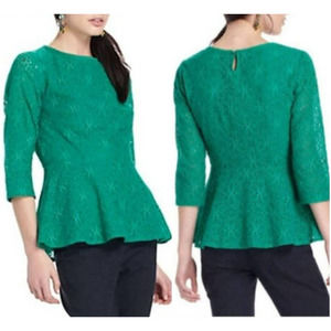Moulinette Soeurs Anthropologie Women's Green Eyelet Lace Peplum Hem Blouse Sz 6
